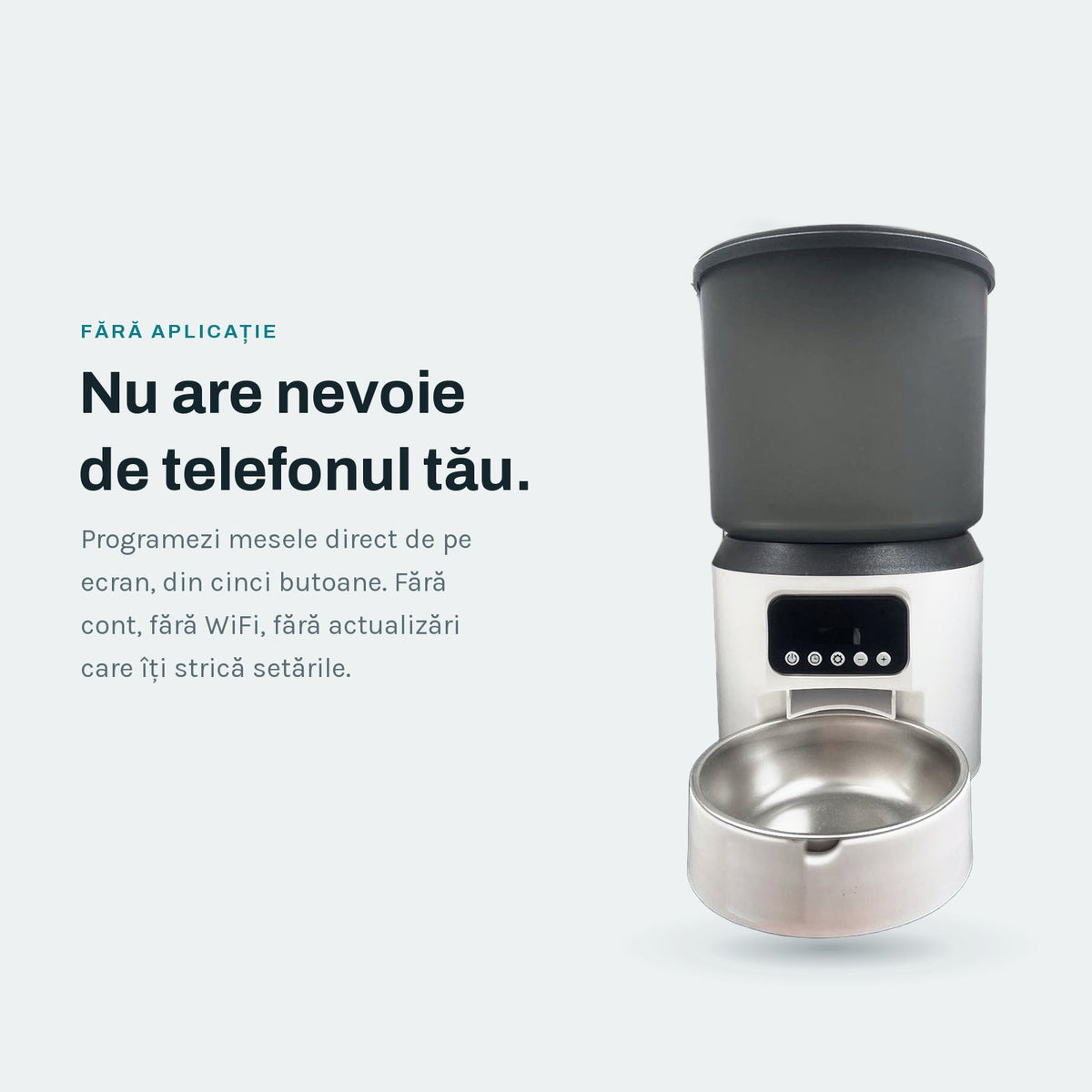 Hrănitorul automat se programează de pe ecran, fără aplicație și fără WiFi