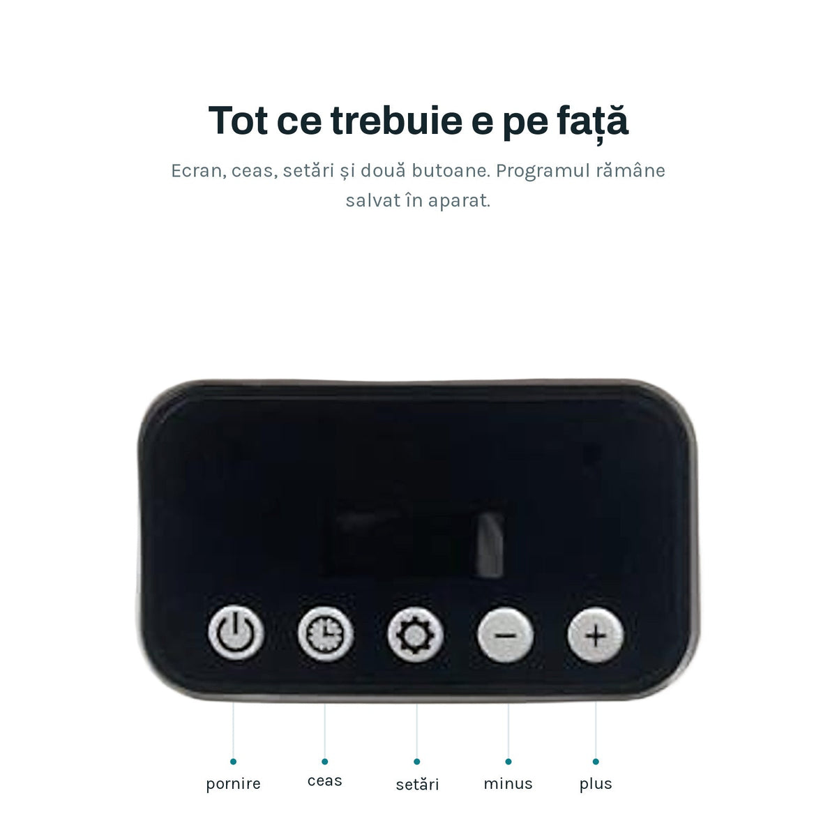 Panoul de control al hrănitorului, cu ecran și cinci butoane